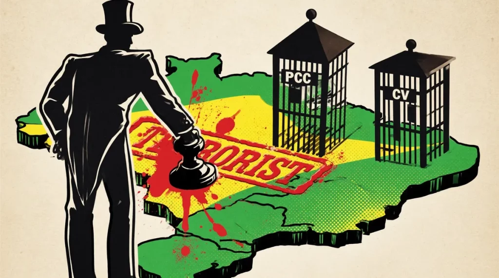 Ilustração editorial sobre Coordenador do Atlas da Violência alerta: EUA cometem erro estratégico ao classificar PCC e CV com