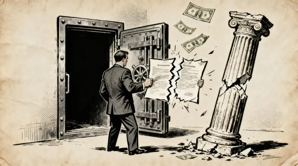 Ilustração editorial sobre Agência de Marcelão, ex-assessor de Flávio Bolsonaro, larga contrato do BRB sob escândalo Master.