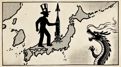 Ilustração editorial sobre EUA manterão lançadores de mísseis Typhon no Japão após manobras com Austrália. (Ilustração: Cafez