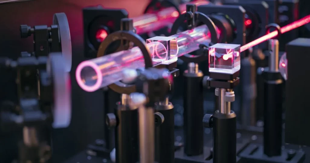 Equipamento de laboratório com feixe de laser em experimento sobre partículas de luz. (Foto: the-express.com)