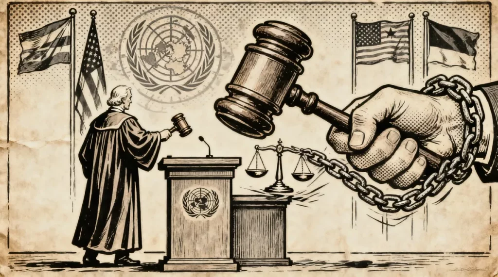 Ilustração editorial sobre Fachin denuncia na ONU ameaças à independência do Judiciário por sanções unilaterais. (Ilustração: