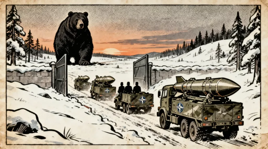 Ilustração editorial sobre Finlândia revoga proibição histórica e abre portas para armas nucleares da OTAN na fronteira com a