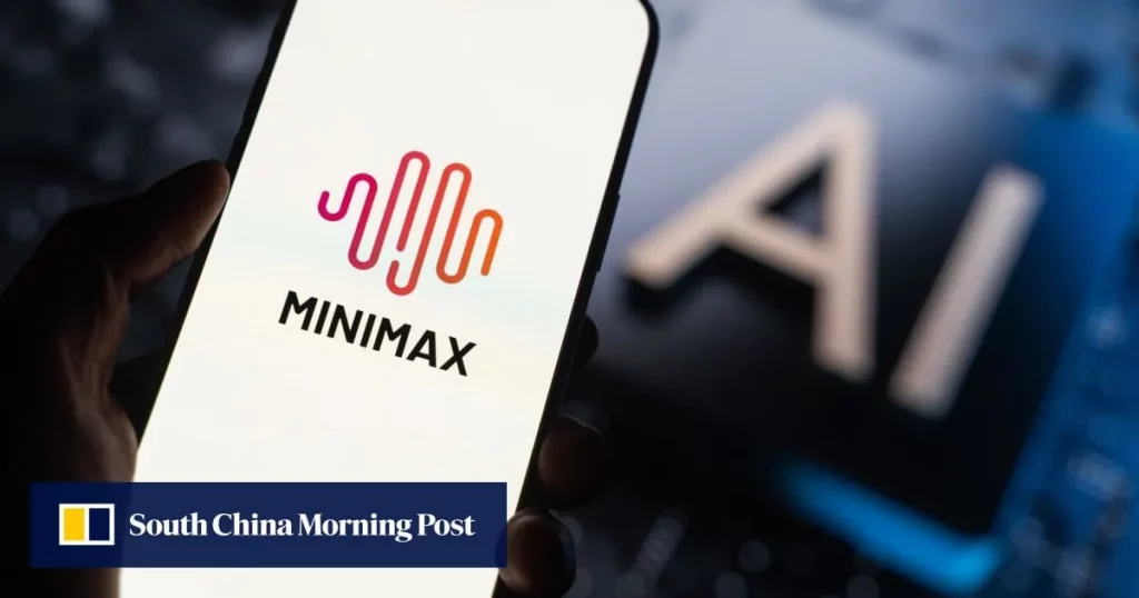 Logo da MiniMax exibido em smartphone, com destaque ao tema de inteligência artificial.
