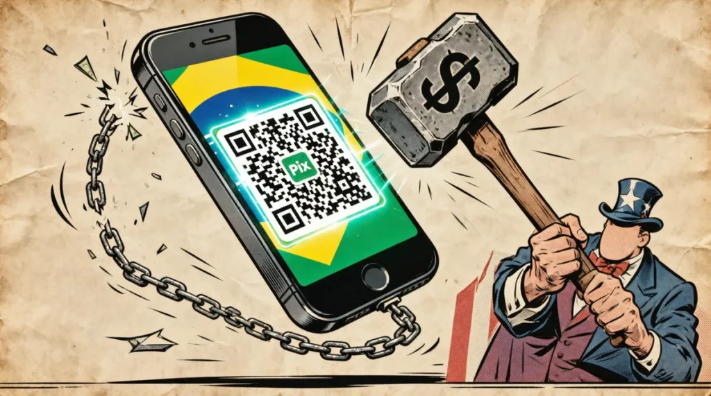 Ilustração editorial sobre Governo Lula critica ameaça dos EUA de sancionar o Pix e reforça soberania nacional. (Ilustração: