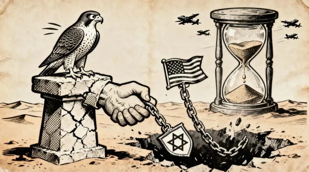 Ilustração editorial sobre Guerra dos Quarenta Dias expõe fragilidade da aposta dos Emirados em alianças externas. (Ilustraçã