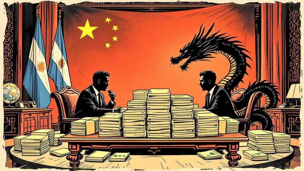 Ilustração editorial sobre Presidente do Banco Central da Argentina negocia renovação de swap com a China. (Ilustração: Cafez
