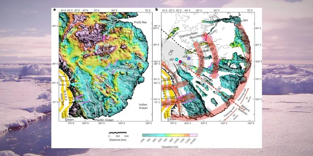 Mapas detalhados da Antártida Oriental mostram a estrutura geológica descoberta, incluindo o Lago Vostok e os basins Wilkes e