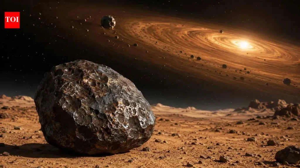 Representação artística de um meteorito em superfície marciana, com galáxia ao fundo. (Foto: timesofindia.indiatimes.com)