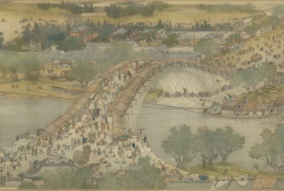 Detalhe do quadro 'Along the River During the Qingming Festival', de Zhang Zeduan, mostrando a agitação urbana ao longo do ri