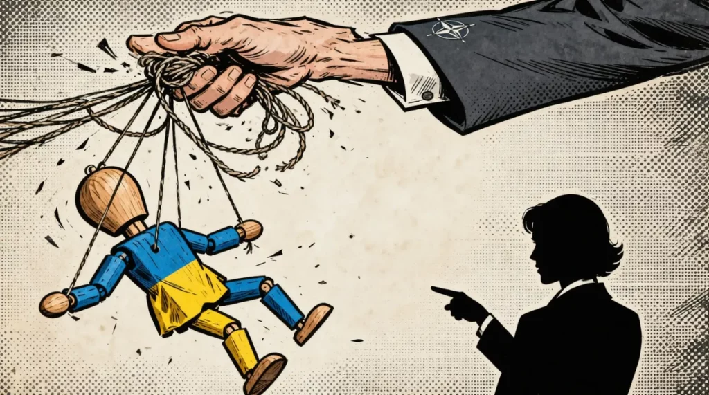 Ilustração editorial sobre Zakharova critica Zelenski e classifica regime de Kiev como ferramenta ocidental fora de controle.