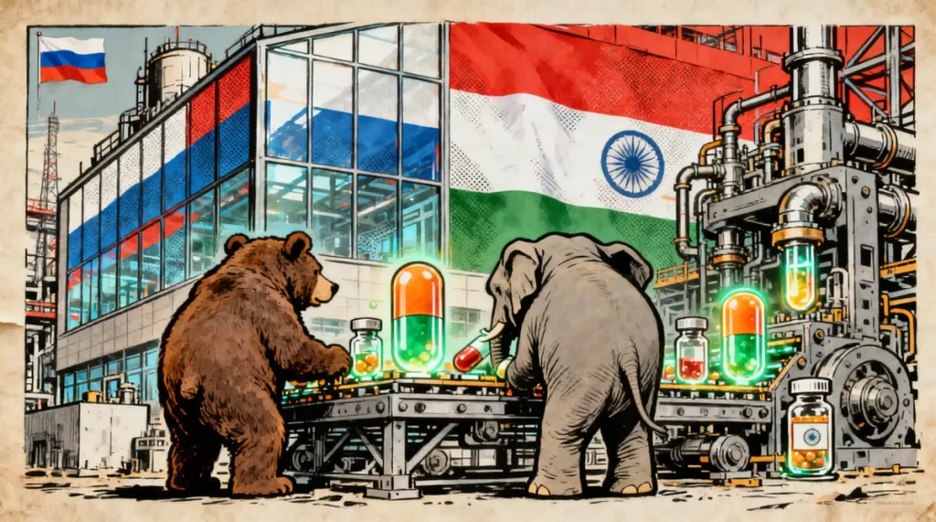 Ilustração editorial sobre Gigante farmacêutica indiana construirá fábrica de ponta em Moscou. (Ilustração: Cafezinho / Wan 2