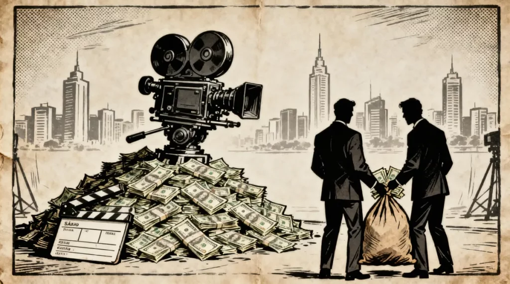 Ilustração editorial sobre Polícia encontra indícios de desvio milionário em cinebiografia de Bolsonaro. (Ilustração: Cafezin
