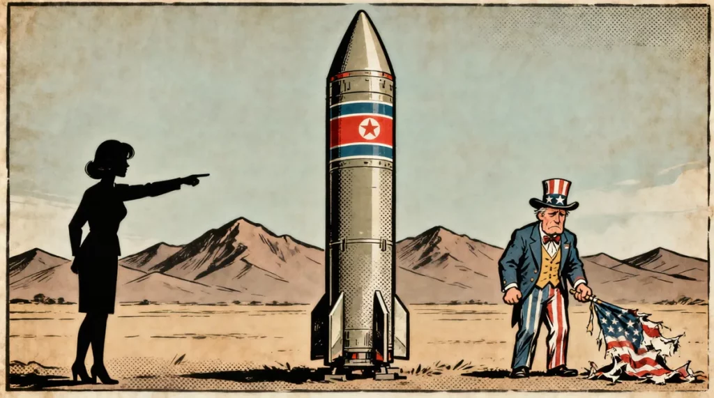 Ilustração editorial sobre Coreia do Norte reafirma status nuclear como irreversível e critica EUA. (Ilustração: Cafezinho /