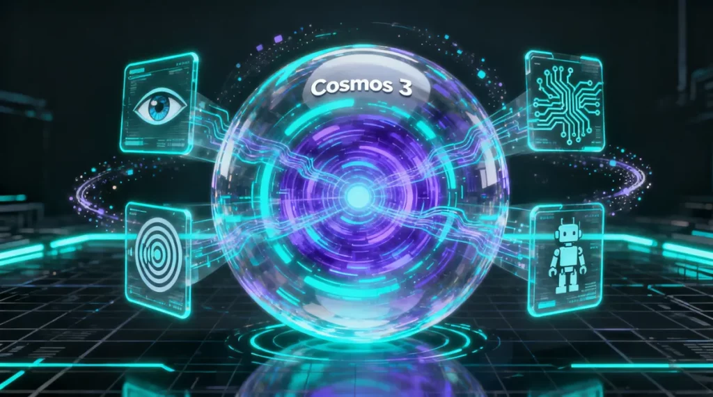 Ilustração editorial sobre Cosmos 3 integra todas as modalidades de IA em único modelo e é liberado como código aberto. (Ilus