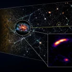 Representação artística da galáxia 'Explosão de Sombras' e sua emissão de neutrinos, vista a partir da Terra. (Foto: en.click