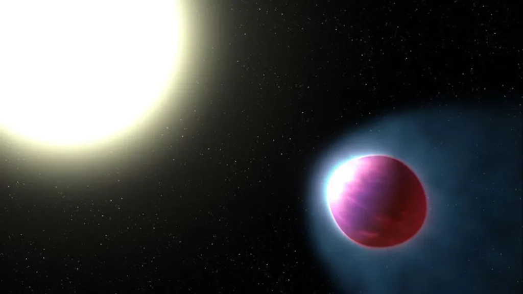 Representação artística do exoplaneta WASP-121b orbitando sua estrela, com atmosfera distorcida por ventos extremos. (Foto: w