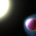 Representação artística do exoplaneta WASP-121b orbitando sua estrela, com atmosfera distorcida por ventos extremos. (Foto: w