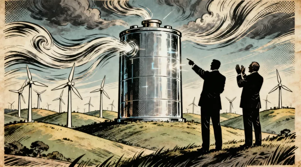 Ilustração editorial sobre Ministro Silveira anuncia leilão inédito de baterias e celebra visão de Dilma sobre estocar vento.