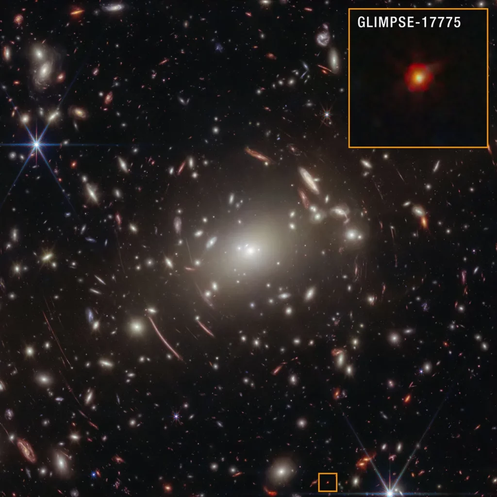 Imagem do espaço capturada pelo telescópio James Webb, destacando o objeto GLIMPSE-17775. (Foto: science.nasa.gov)