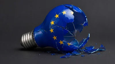 Lâmpada com a bandeira da UE quebrada simboliza crise energética europeia. (Foto: actualidad.rt.com)