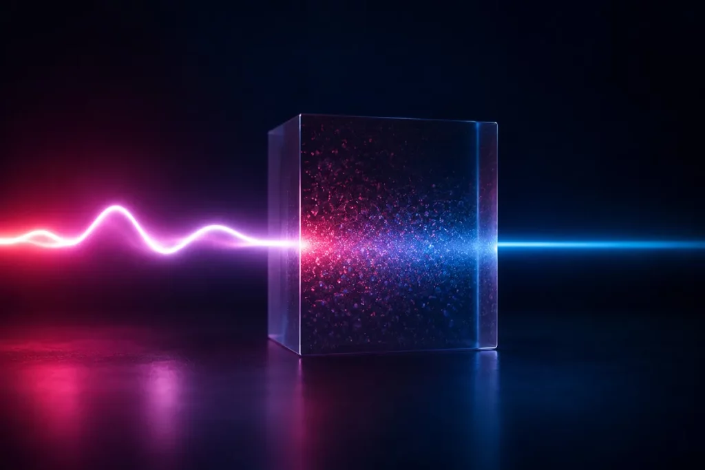 Partículas luminosas atravessam um cubo em experimento de física quântica. (Foto: zmescience.com)