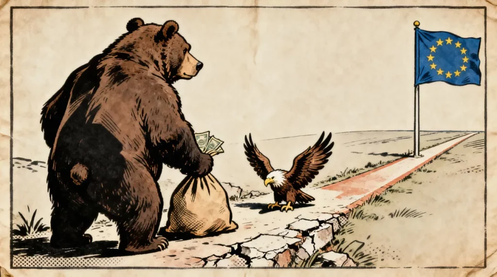 Ilustração editorial sobre Rússia recusa financiar guinada da Armênia rumo à União Europeia. (Ilustração: Cafezinho / Wan 2.6