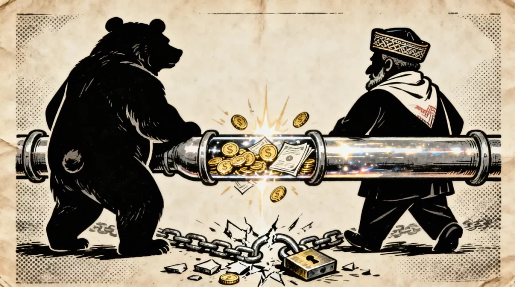 Ilustração editorial sobre Irã e Rússia aceleram mecanismo financeiro independente para driblar sanções e ampliar comércio. (