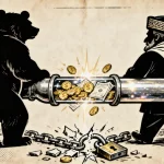 Ilustração editorial sobre Irã e Rússia aceleram mecanismo financeiro independente para driblar sanções e ampliar comércio. (