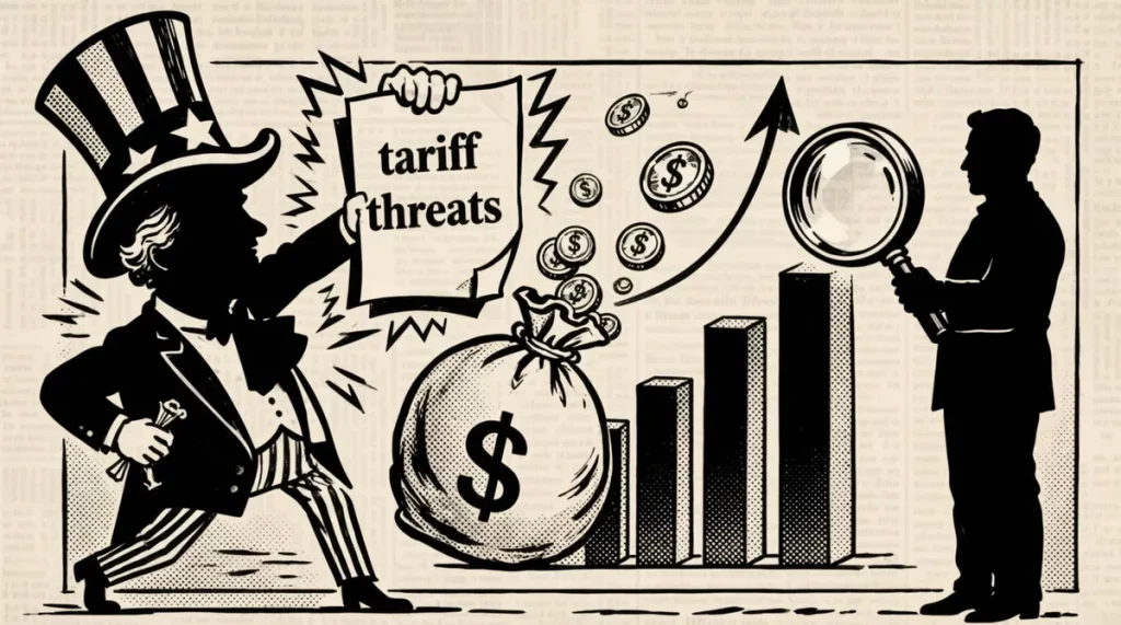 Ilustração editorial sobre Brasil rebate ameaça tarifária dos EUA com dados: superávit americano atinge US$ 424 bilhões. (Ilu