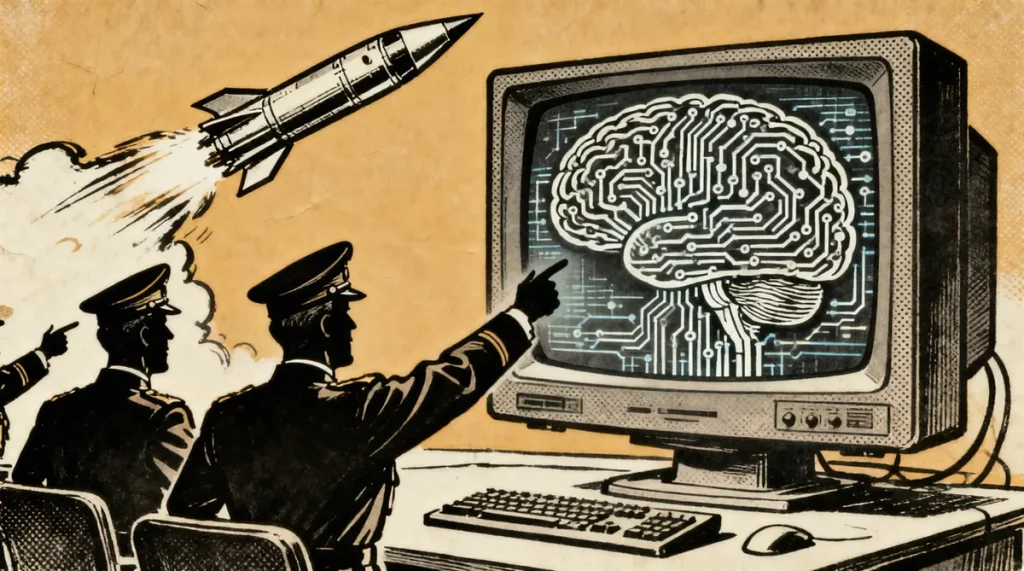 Ilustração editorial sobre Inteligência artificial se consolida como motor da modernização militar, revela análise de mercado