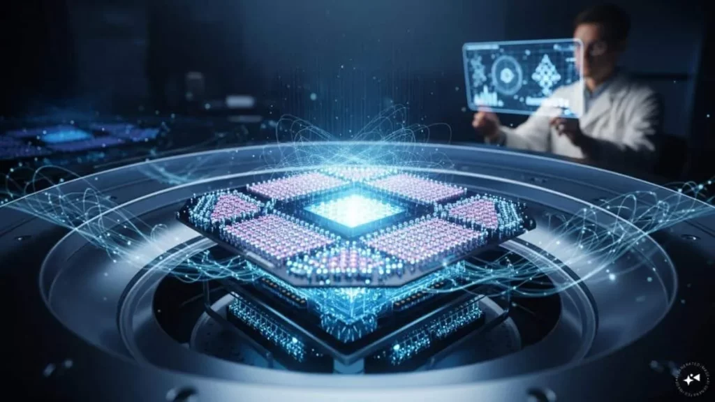 Um cientista interage com uma interface digital ao lado de um protótipo de computador quântico. (Foto: firstpost.com)