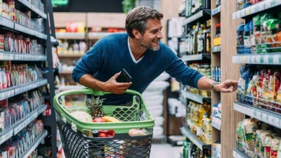 Homem escolhe produto em supermercado com carrinho de compras. (Foto: DECO.PROTESTE.PT)