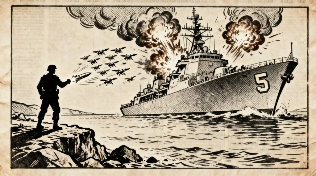 Ilustração editorial sobre Guarda Revolucionária do Irã ataca base da 5ª Frota dos EUA com mísseis e drones. (Ilustração: Caf
