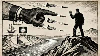 Ilustração editorial sobre Irã responsabiliza Kuwait e Bahrein por ataques dos EUA contra sua soberania. (Ilustração: Cafezin