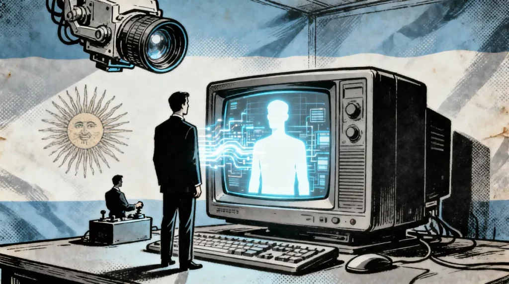 Ilustração editorial sobre Projeto de "gêmeo digital" de Milei na Argentina acende alerta sobre vigilância e vínculo com Pete