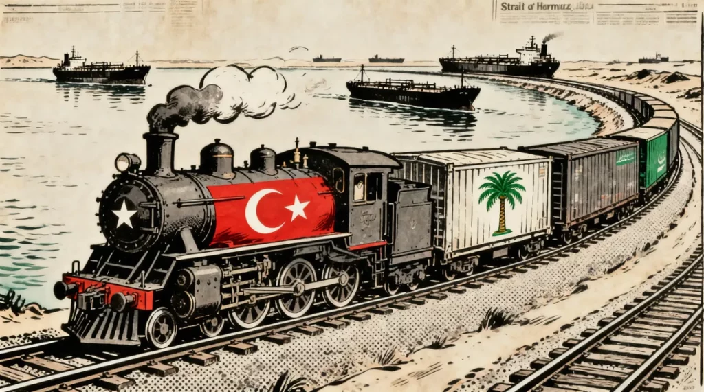 Ilustração editorial sobre Turquia e Arábia Saudita negociam ferrovia que contorna Estreito de Ormuz. (Ilustração: Cafezinho