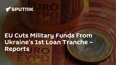 Notas e moedas em euros sobrepostas com texto sobre corte de fundos militares da UE para Ucrânia. (Foto: sputnikglobe.com)
