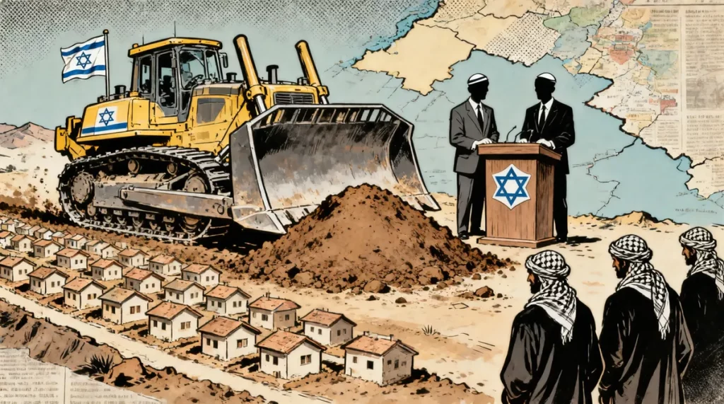 Ilustração editorial sobre Governo de Israel aprova construção de 2.162 novas casas em assentamentos na Cisjordânia ocupada.
