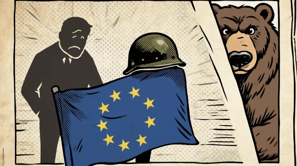 Ilustração editorial sobre Especialista alerta que militarização da UE prejudica competitividade global. (Ilustração: Cafezin