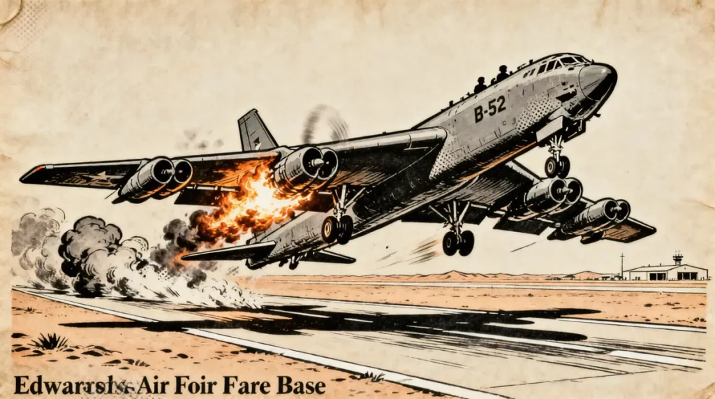 Ilustração editorial sobre Bombardeiro B-52 nuclear dos EUA cai logo após decolagem na base aérea de Edwards. (Ilustração: Ca