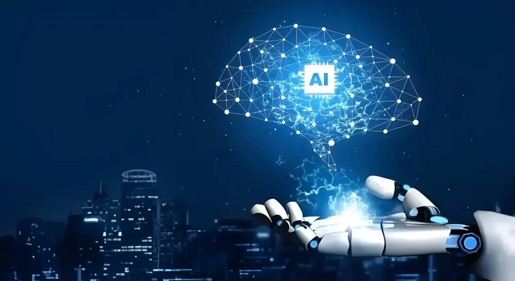 Mão robótica segurando uma representação digital de um cérebro com conexões neurais e o símbolo 'AI', simbolizando a inteligê