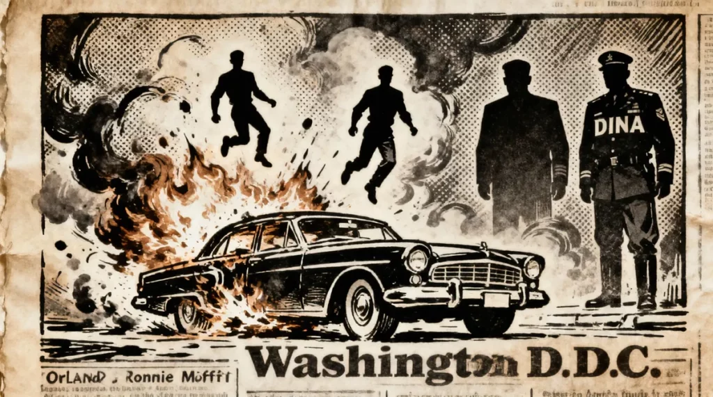 Ilustração editorial sobre Justiça chilena condena ex-agentes de Pinochet por assassinato em Washington. (Ilustração: Cafezin
