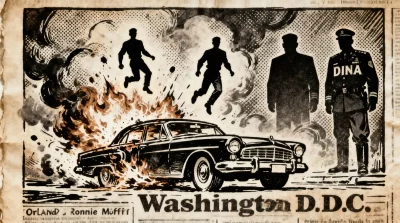Ilustração editorial sobre Justiça chilena condena ex-agentes de Pinochet por assassinato em Washington. (Ilustração: Cafezin