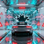 Ilustração editorial sobre Pesquisa revela que modelos de IA para robôs e carros autônomos falham em testes de segurança. (Il