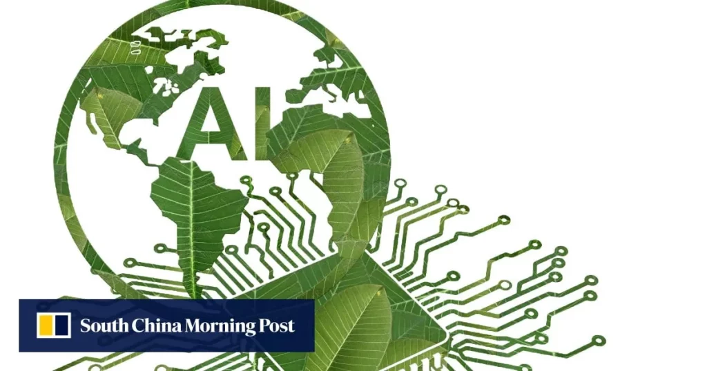 Globo formado por folhas e circuitos eletrônicos, simbolizando a interação entre inteligência artificial e sustentabilidade a