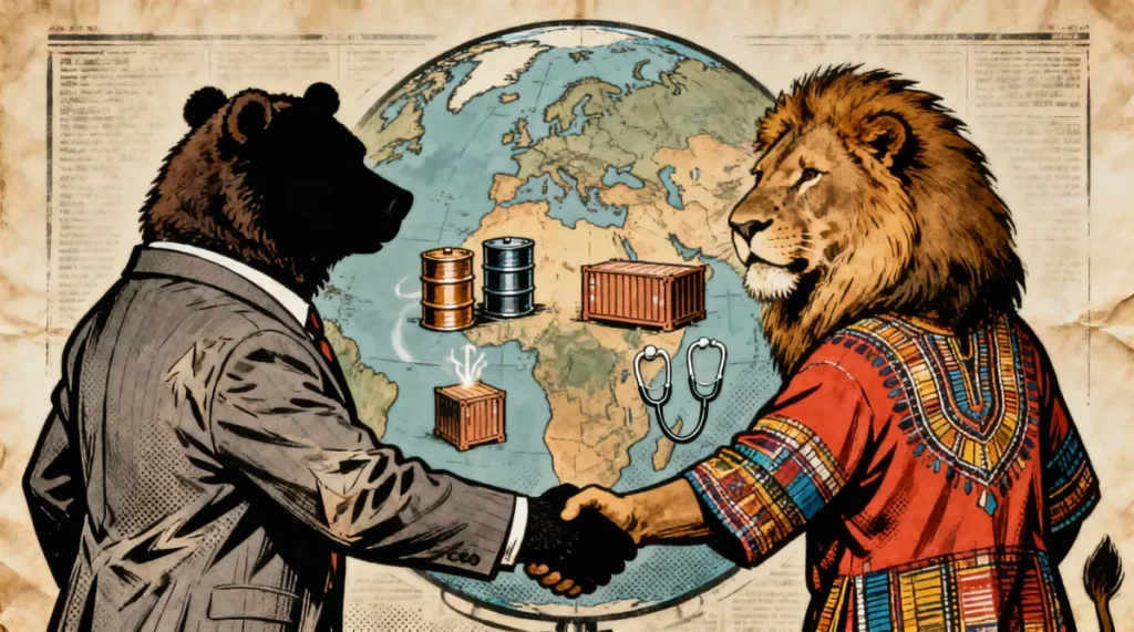 Ilustração editorial sobre Putin destaca oportunidades para impulsionar comércio com Tanzânia. (Ilustração: Cafezinho / Wan 2
