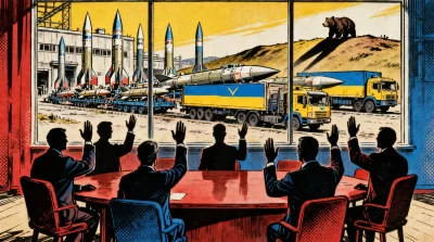 Ilustração editorial sobre G7 acirra escalada ao aprovar envio e fabricação de mísseis de longo alcance na Ucrânia. (Ilustraç