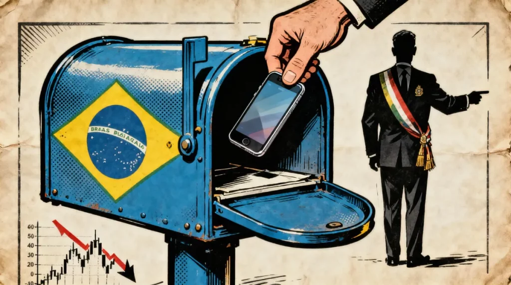 Ilustração editorial sobre Lula estuda usar Correios para devolver celular roubado e critica mercado. (Ilustração: Cafezinho