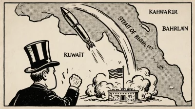 Ilustração editorial sobre Irã atinge bases dos EUA no Kuwait e Bahrein em retaliação a ataque americano. (Ilustração: Cafezi