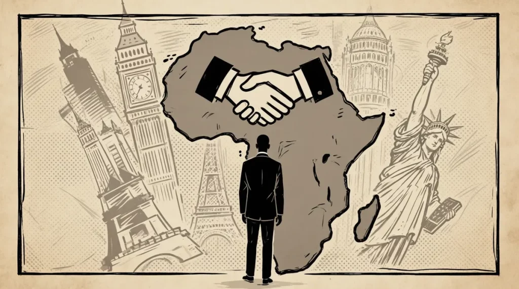 Ilustração editorial sobre Ruto exige parcerias igualitárias para a África na Cúpula do G7 na França. (Ilustração: Cafezinho